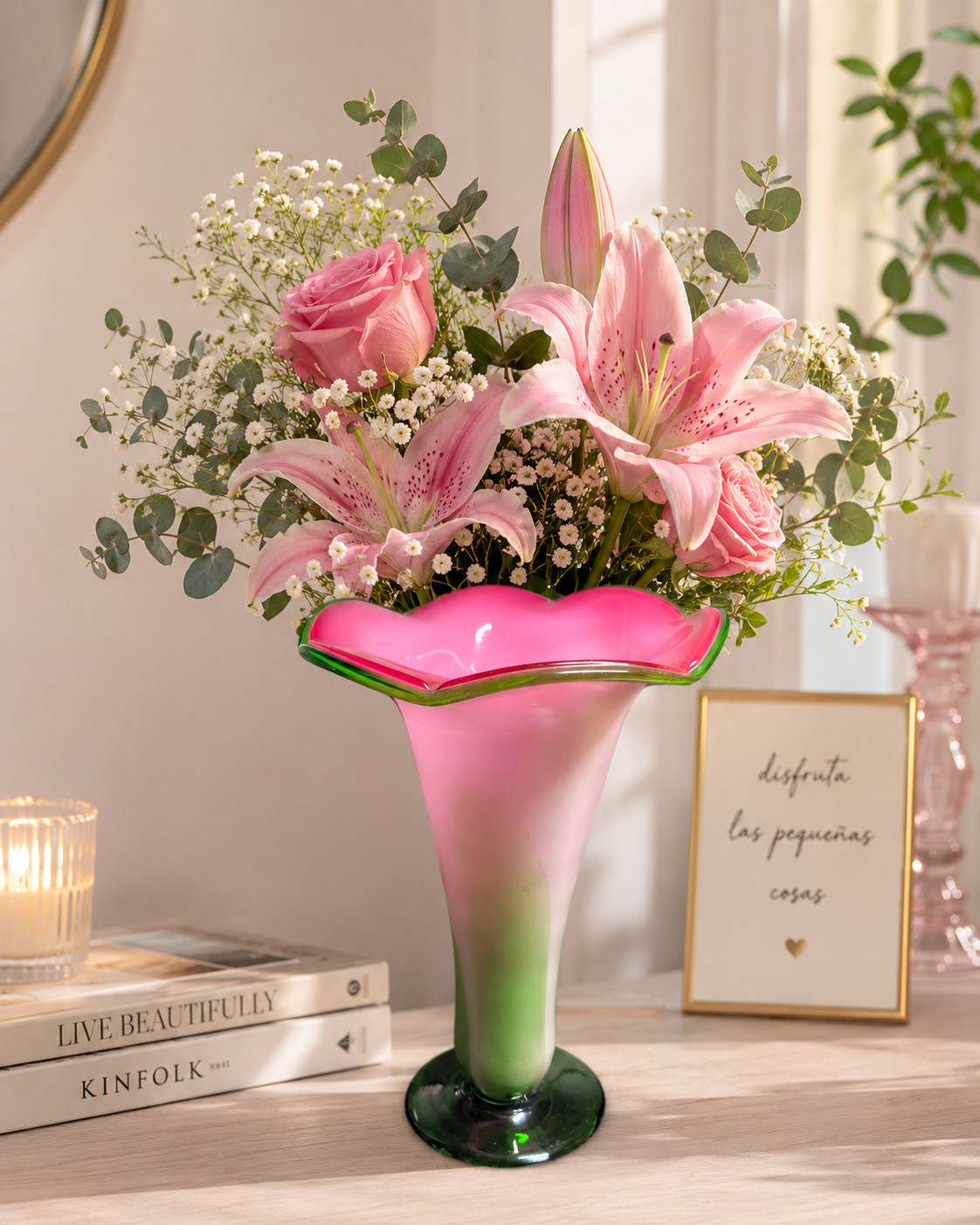 12″ OOAK Hand Blown Art Glass Vase Pink Green Jack in the Pulpit Calla Lily Retr