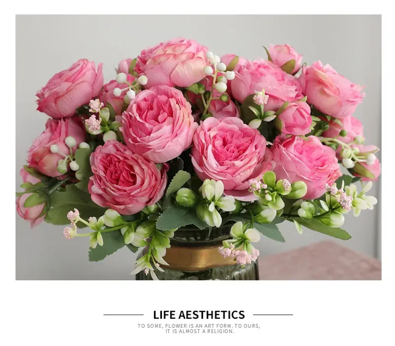 30cm Rose Pink Silk Peony Artificial Flowers Bouquet 5 Big Head and 4 Bud Cheap