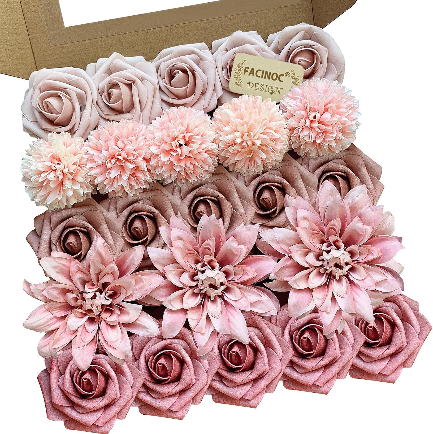 19 Pcs Dusty Blush Pink Roses, Artificial Bouquet Box Set DIY Bridal