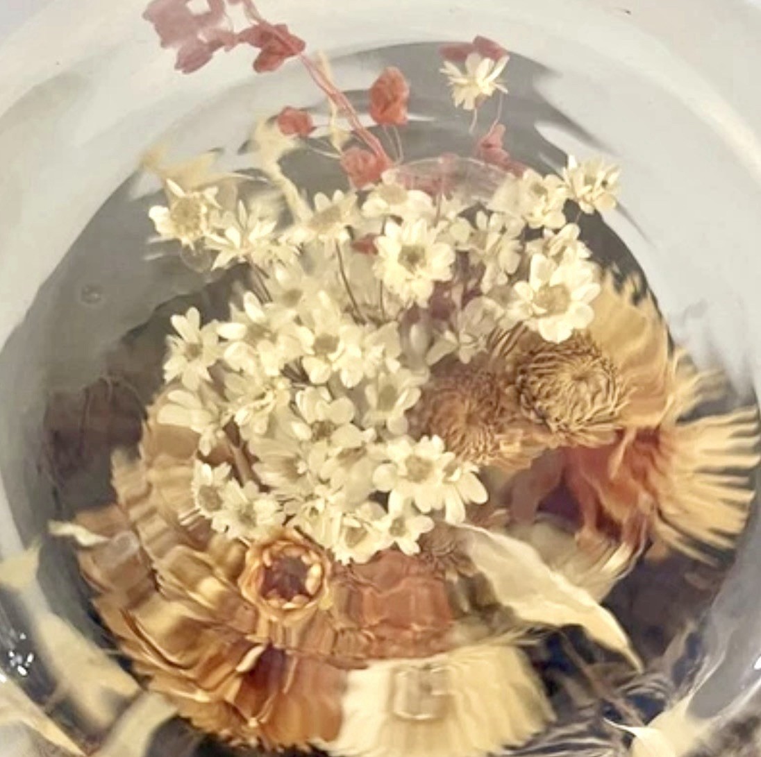 Vintage 60s Dried Flower Glass Terrarium Bird Floral Strawflower Daisy Bouquet
