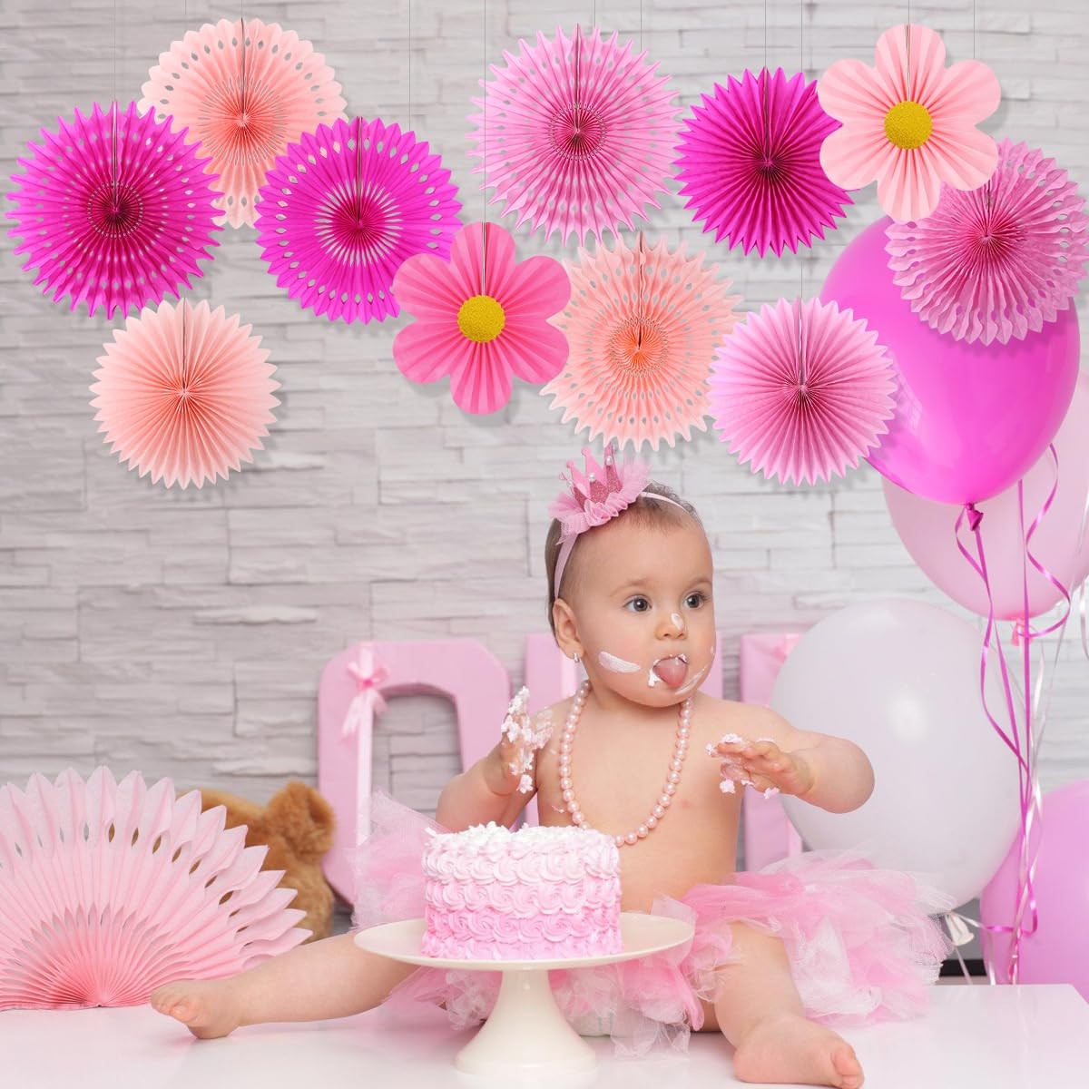11 PCS Pink Paper Fans Flowers Wall Decor Floral Backdrop Baby Shower Party