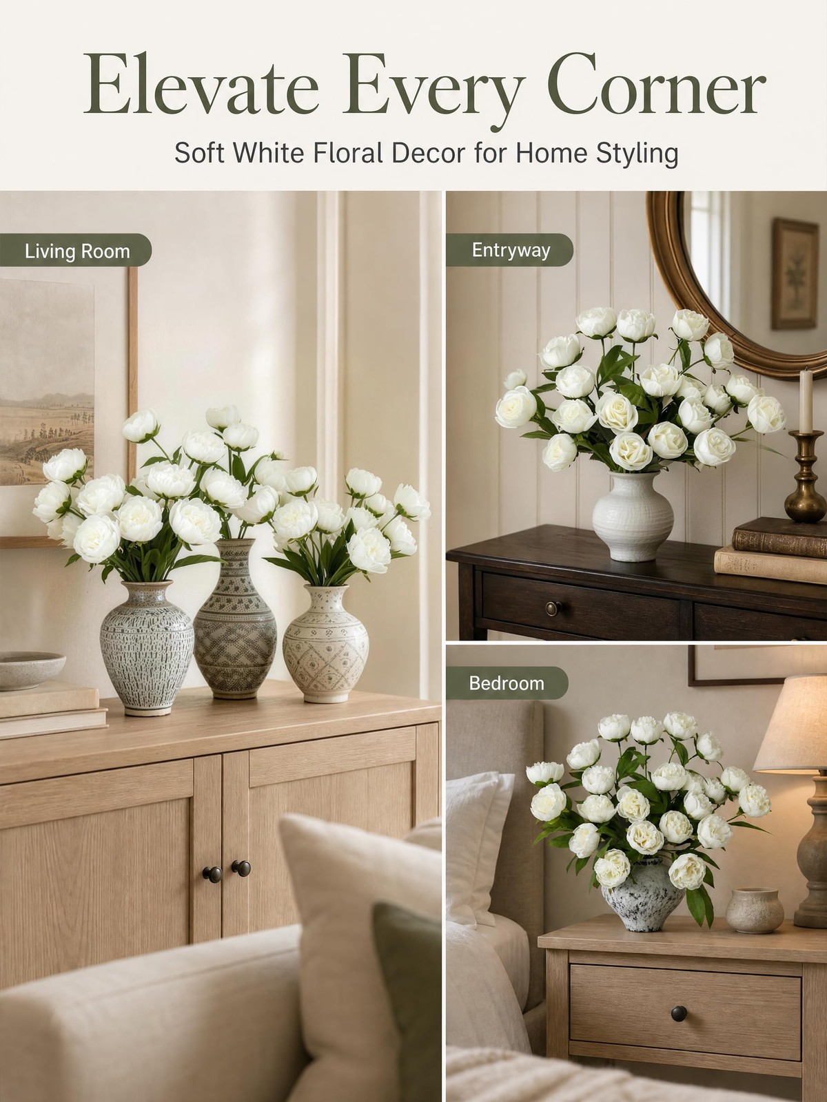 Artificial Peony Flowers for Tall Vase, 27″, 6 Pcs (White Peony)