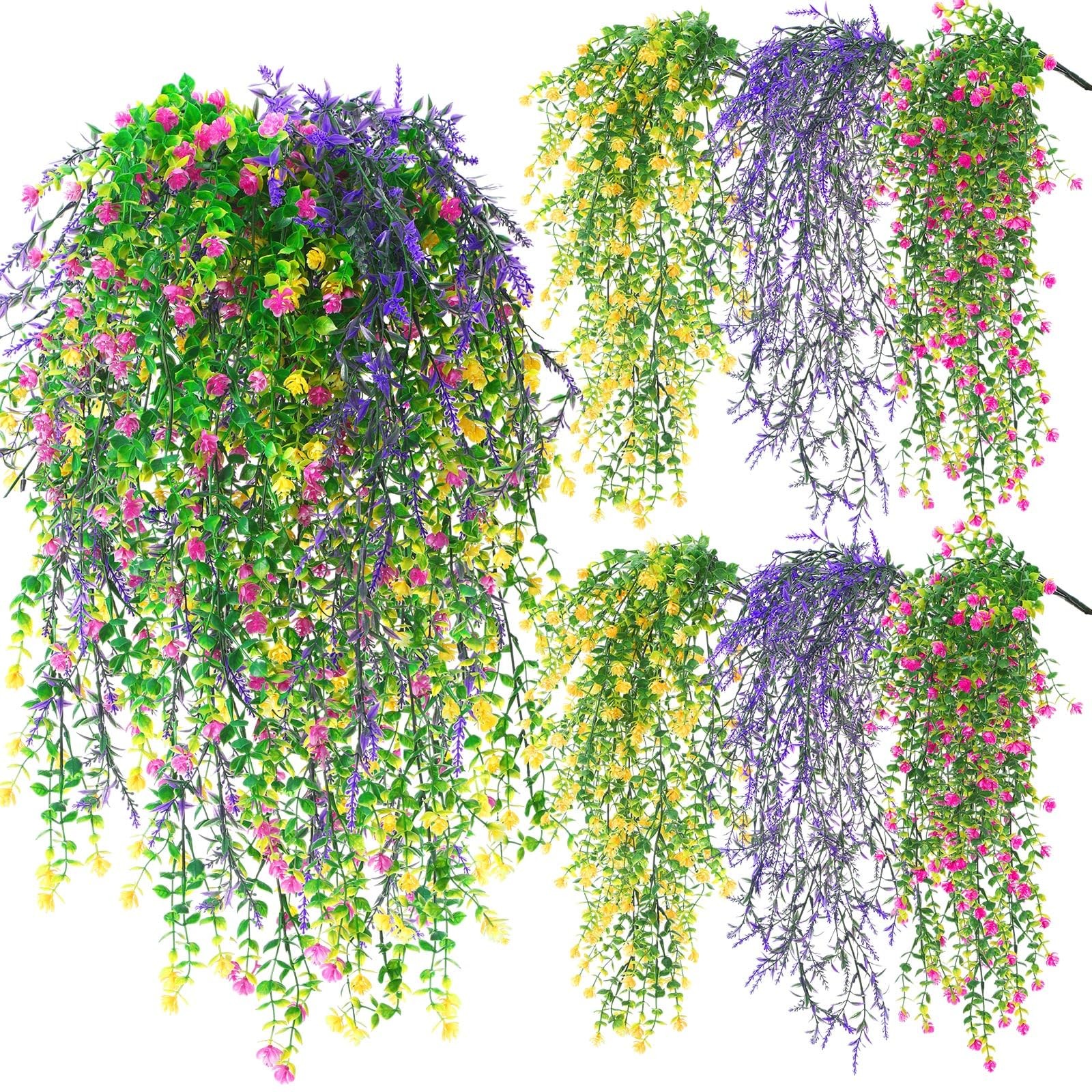 6 Pcs Spring Artificial Hanging Flowers Outdoor Faux Silk Mum Plant Decor Vio…