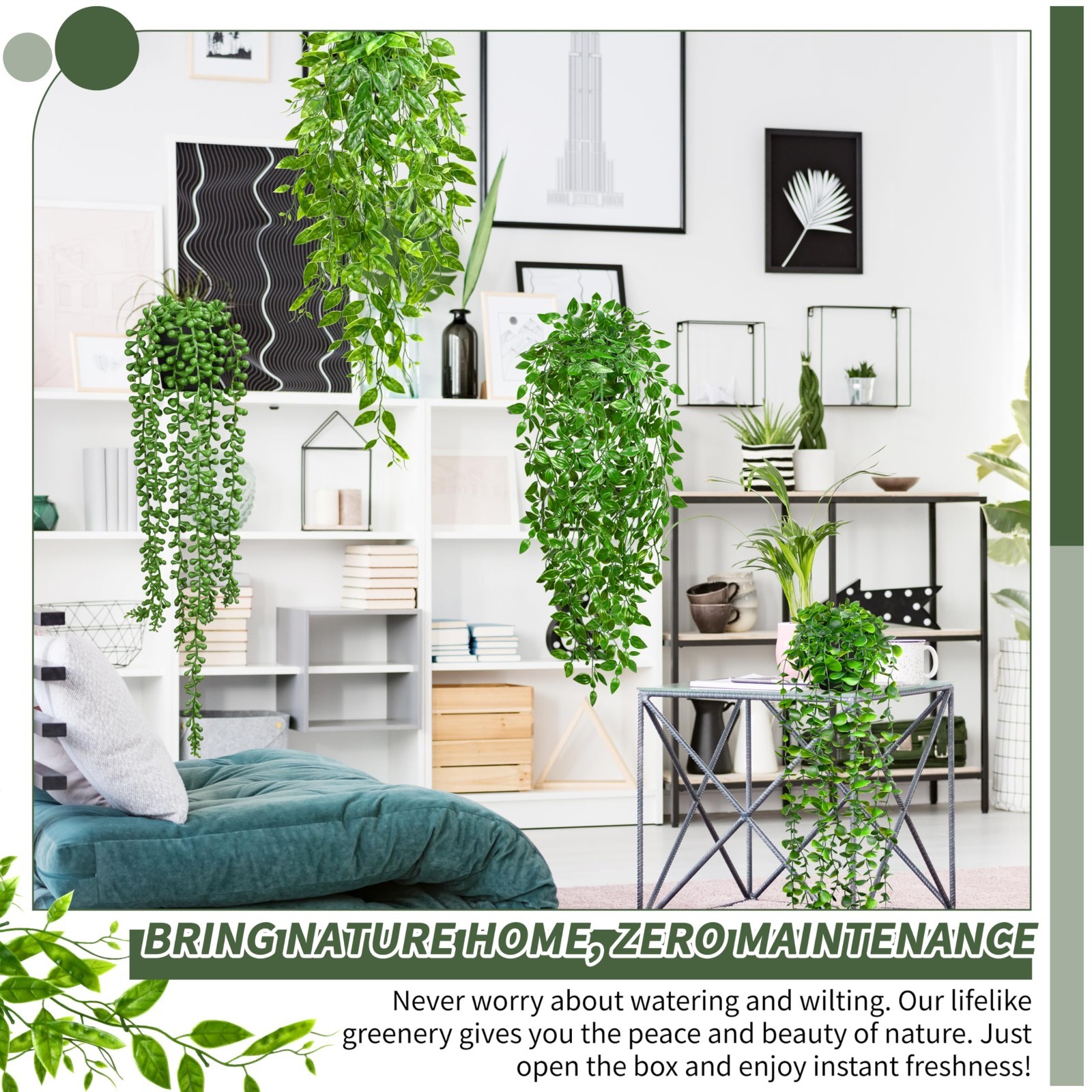 4 Pack UV Resistant Faux Hanging Plants – Eucalyptus, Mandala, Pea Pod & String