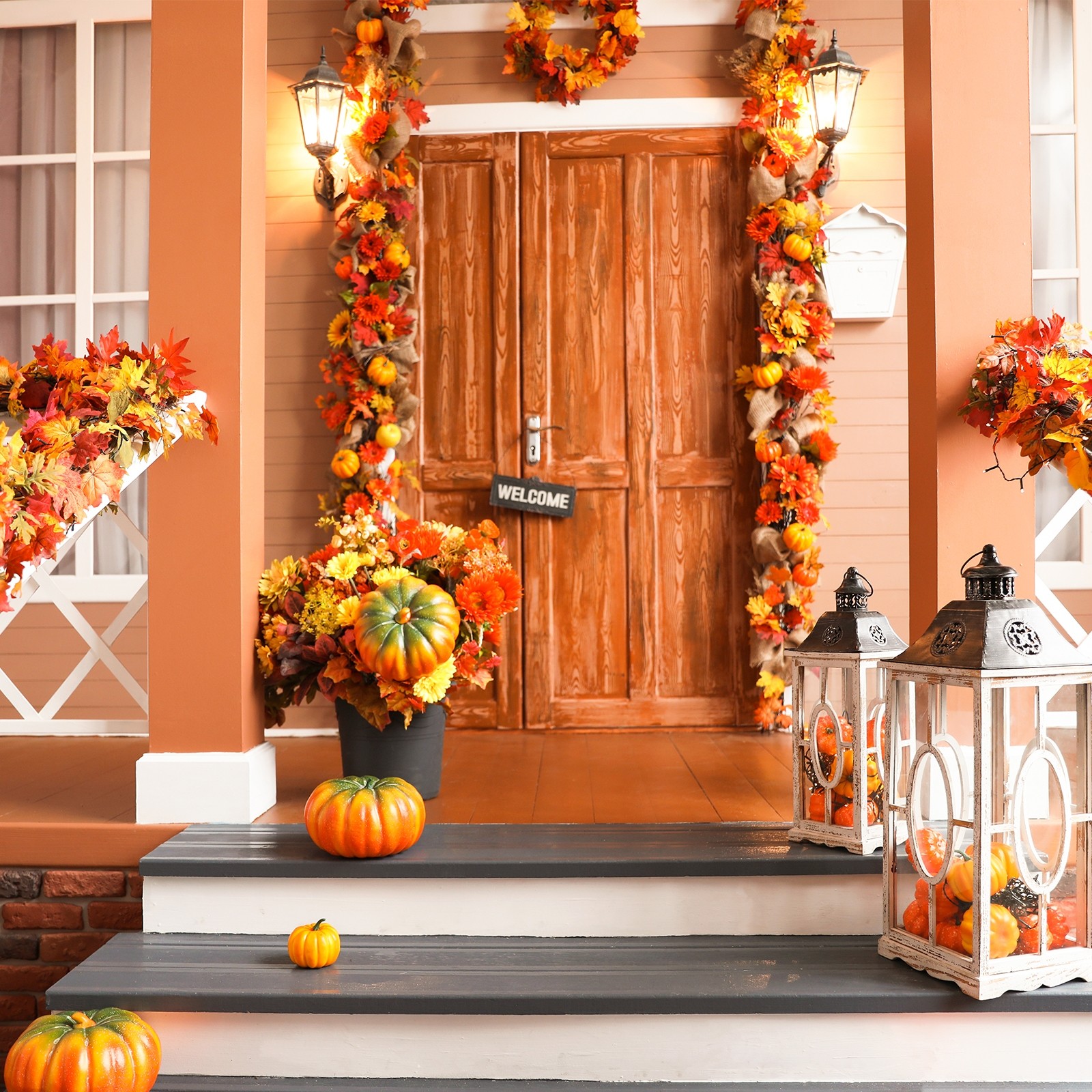 2Pcs Fall Maple Leaf Garland 5.9Ft Artificial Decor Green/Brown/Beige/White