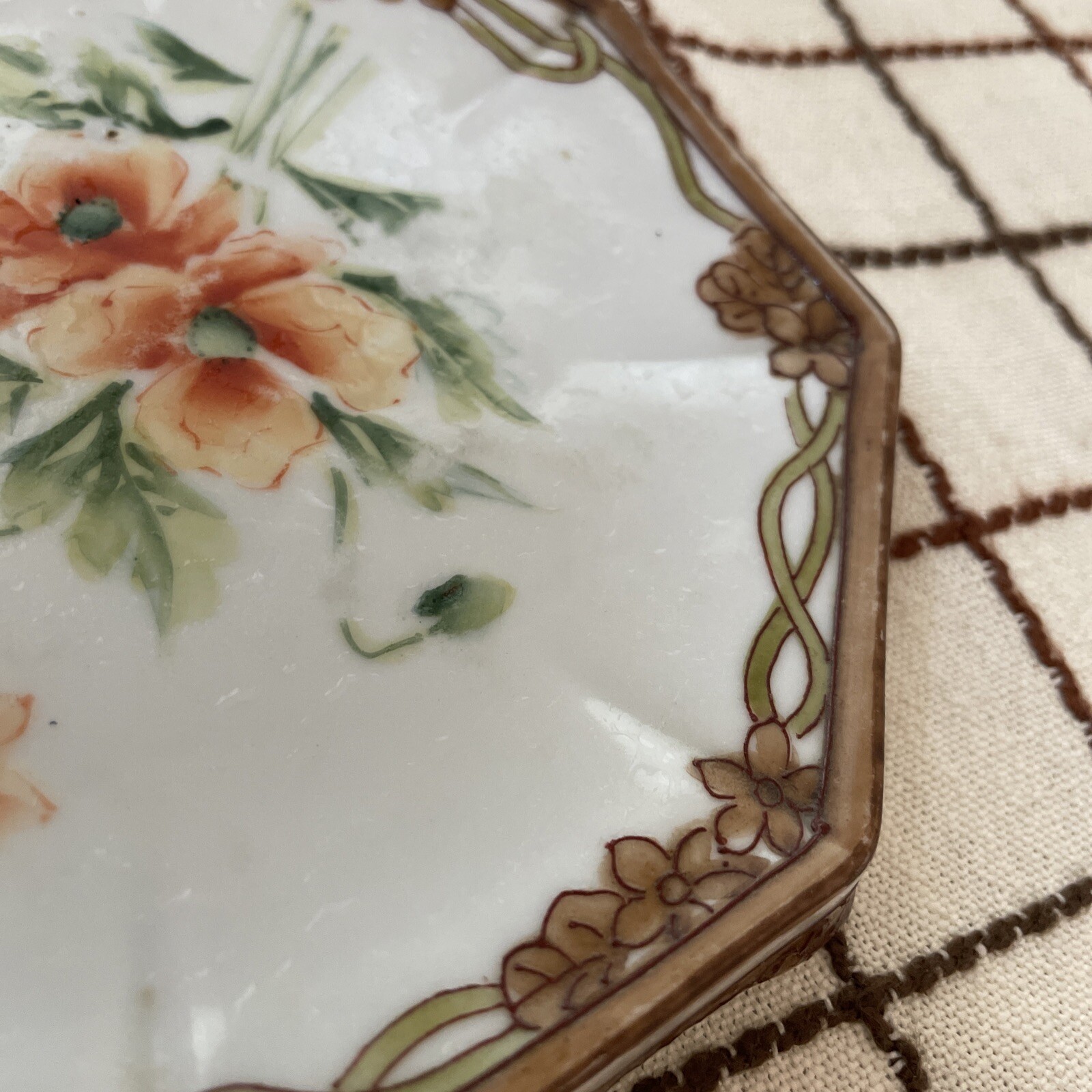 Antique NIPPON porcelain footed Planter Plate Poppy flowers Sun mark