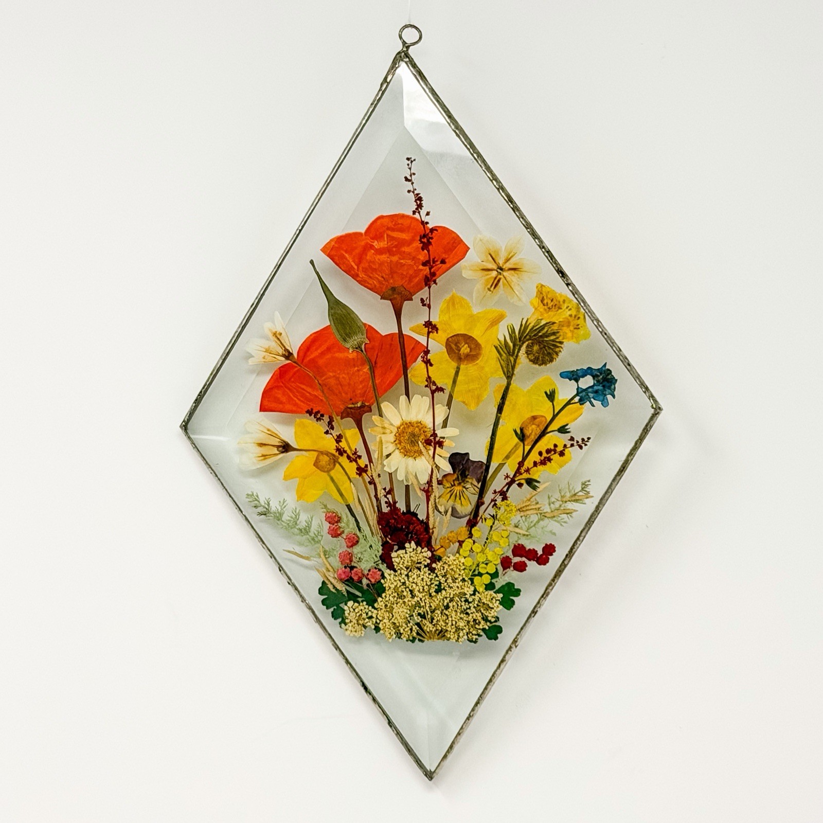 Vintage Pressed Flower Glass Suncatcher Hanging Panel Soldered Metal Frame 6×9