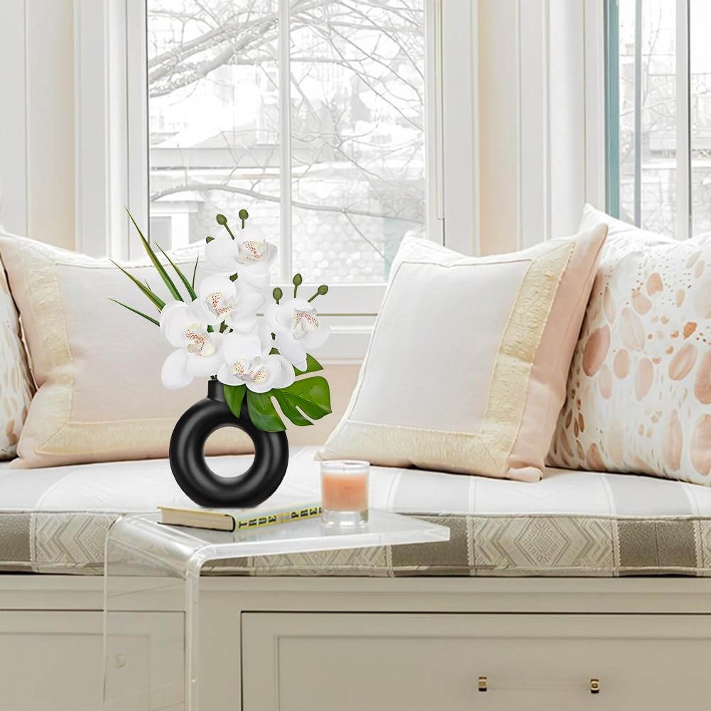 2 PCS White Artificial Orchid Silk Flowers In Black Pot Home Table Centerpiece
