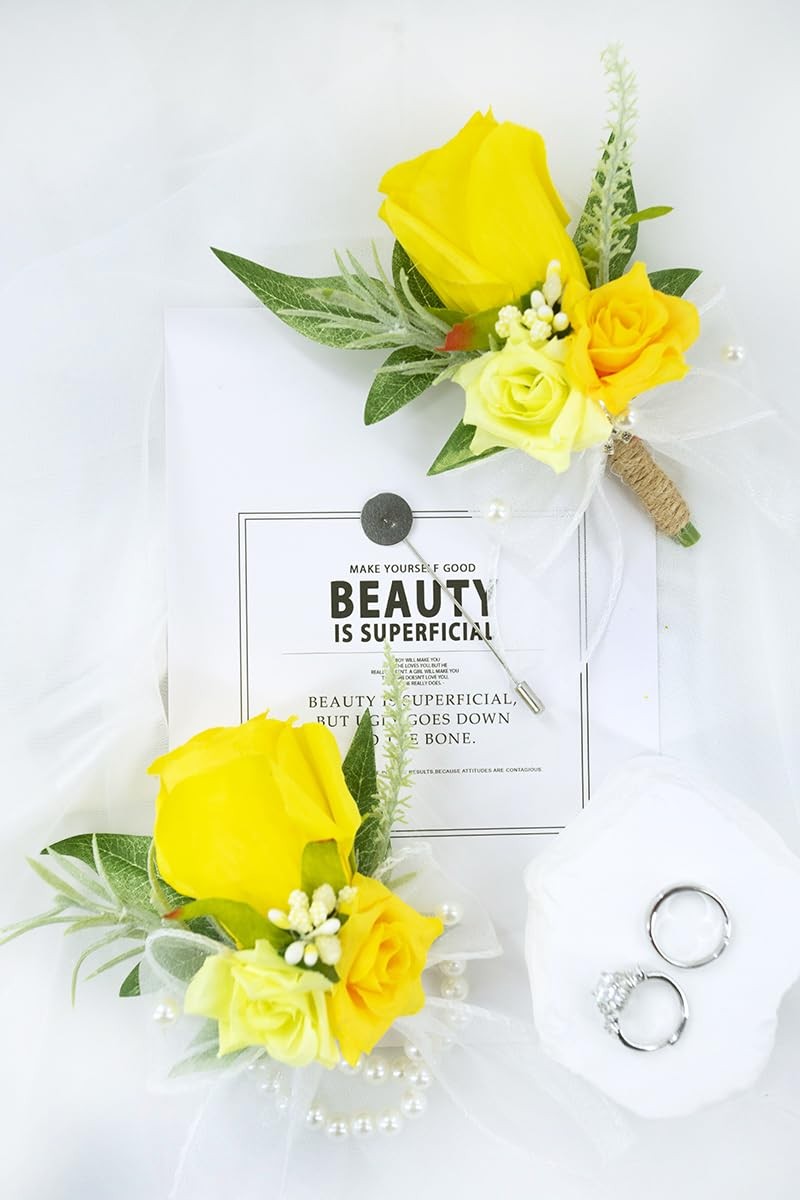 Yellow Corsage and Boutonniere Set for Wedding Prom, Artificial Rose Flower H…