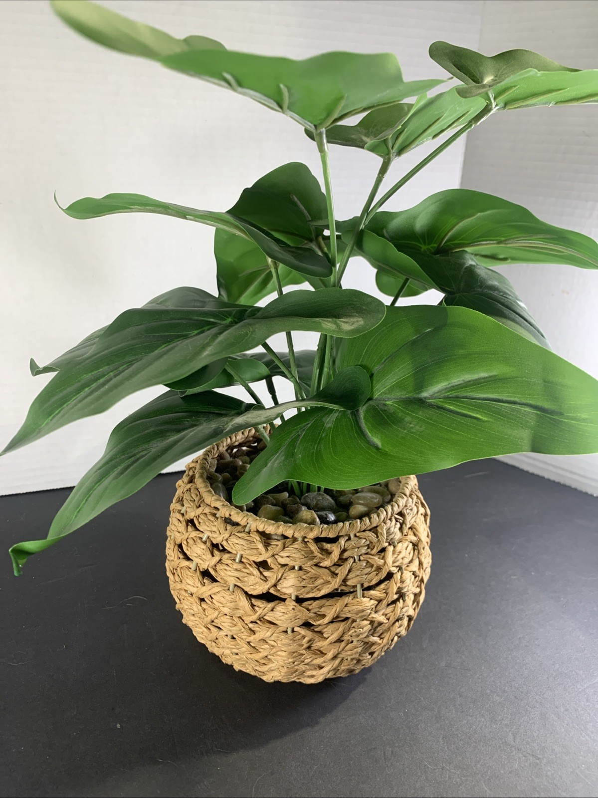Faux Tropical Sweetheart Plant Seagrass Woven Planter Alocasia River Rock 12”