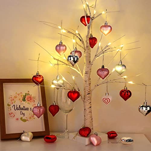 Valentine’s Day Decor Heart Decorations, 48 Pcs Red Pink Silver White Plastic