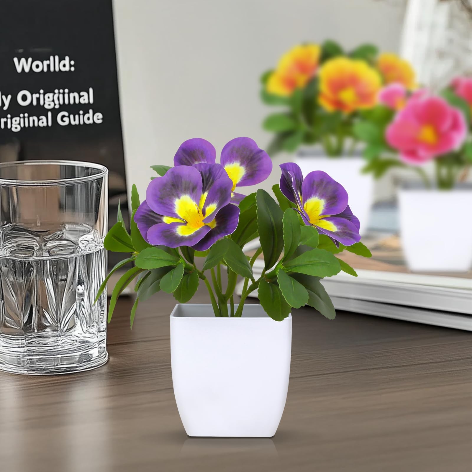 6 Pack Artificial Pansy Flowers In Pots 5.9 Inch Mini Fake Potted Plants
