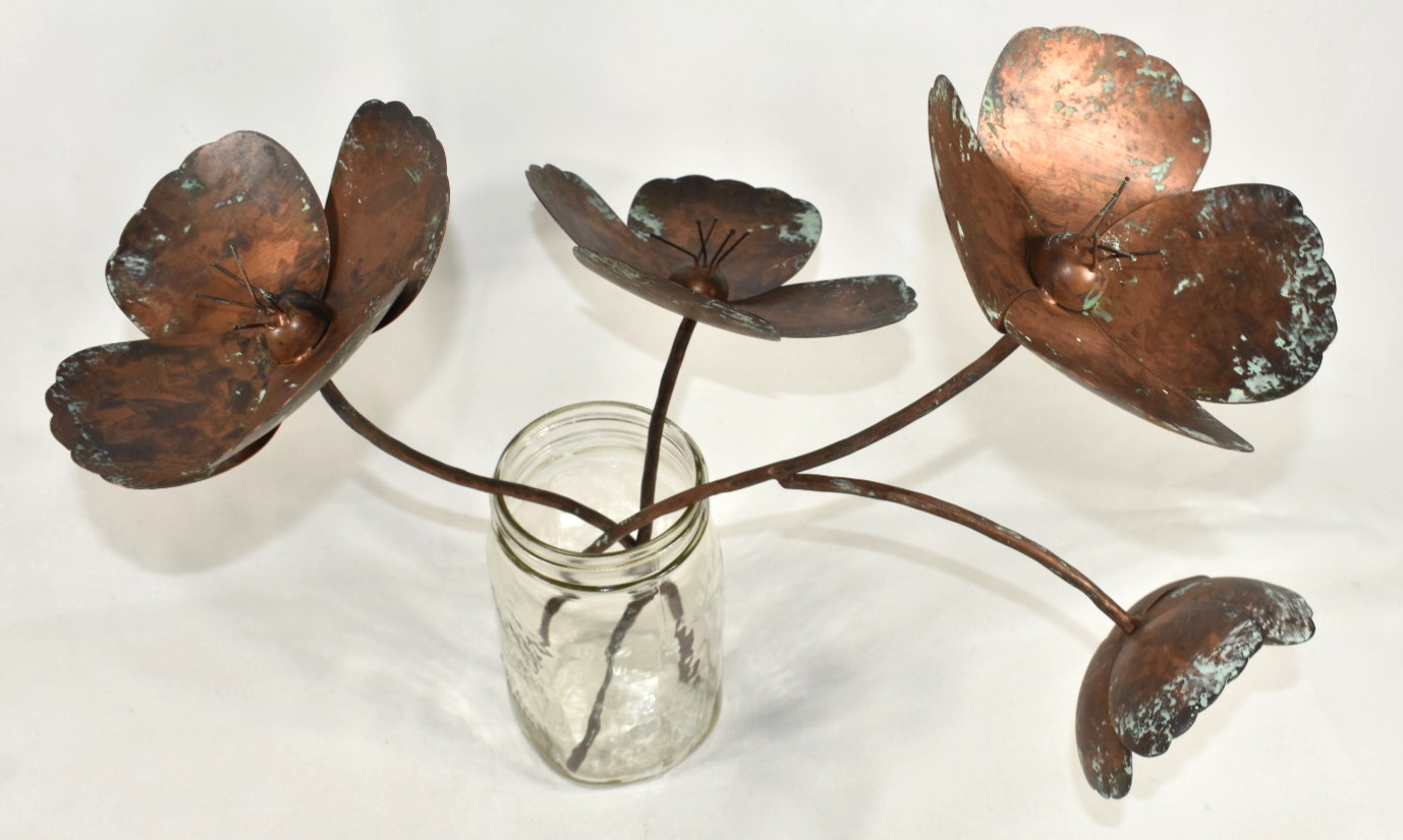 Pottery Barn SAMPLE 3 Pcs Metal Flowers Poppies Poppy Stems Copper Color NO VASE