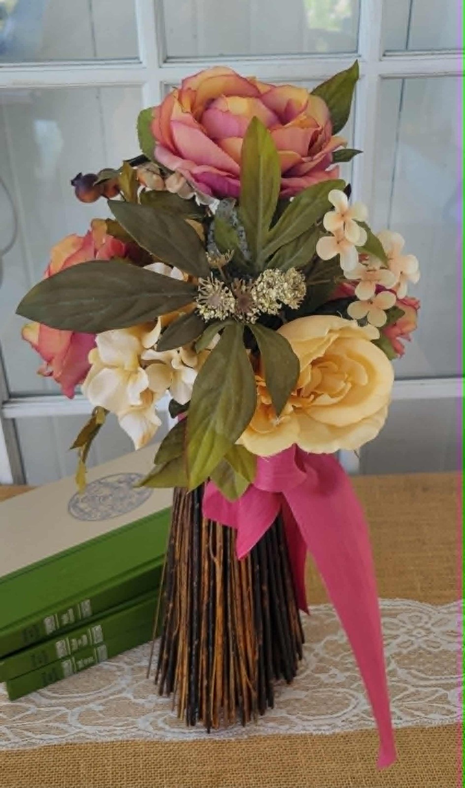 Table Top Floral Arrangement, Free-Standing Topiary Roses Bouquet Home Decor