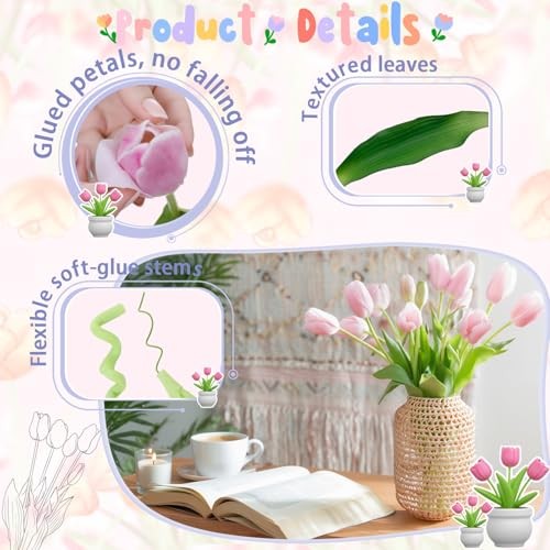 15PCS 15.75″ Artificial Tulips, Premium Latex Natural Feel 15pcs Light Pink