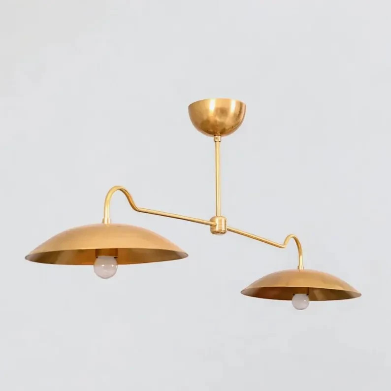 Linear Double Shade Brass Chandelier, Italian Style Mid Century Modern Brass Cei