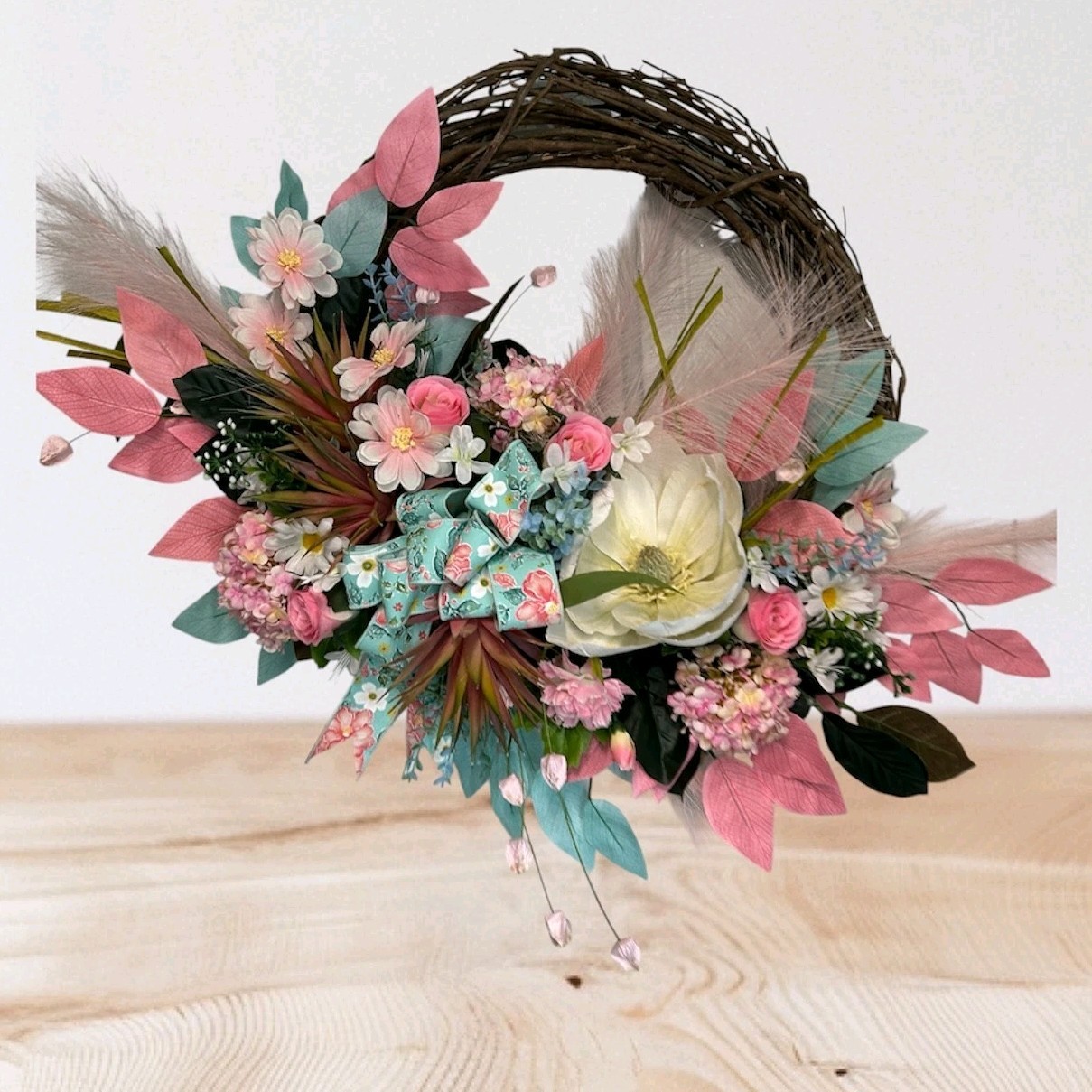 Summer Magnolia Wreath for Front Door, Pink Floral Grapevine Wreath, Cottage