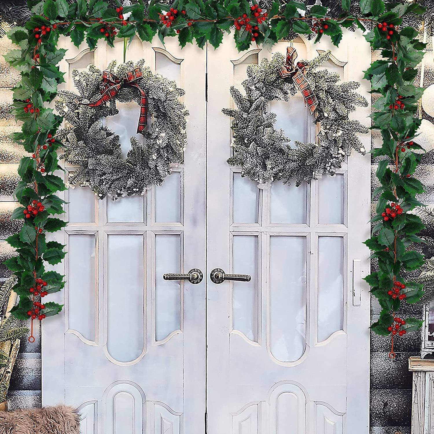 5.75Ft Christmas Red Berry Green Garland Vine Winter Holly Leaves Xmas Decor USA