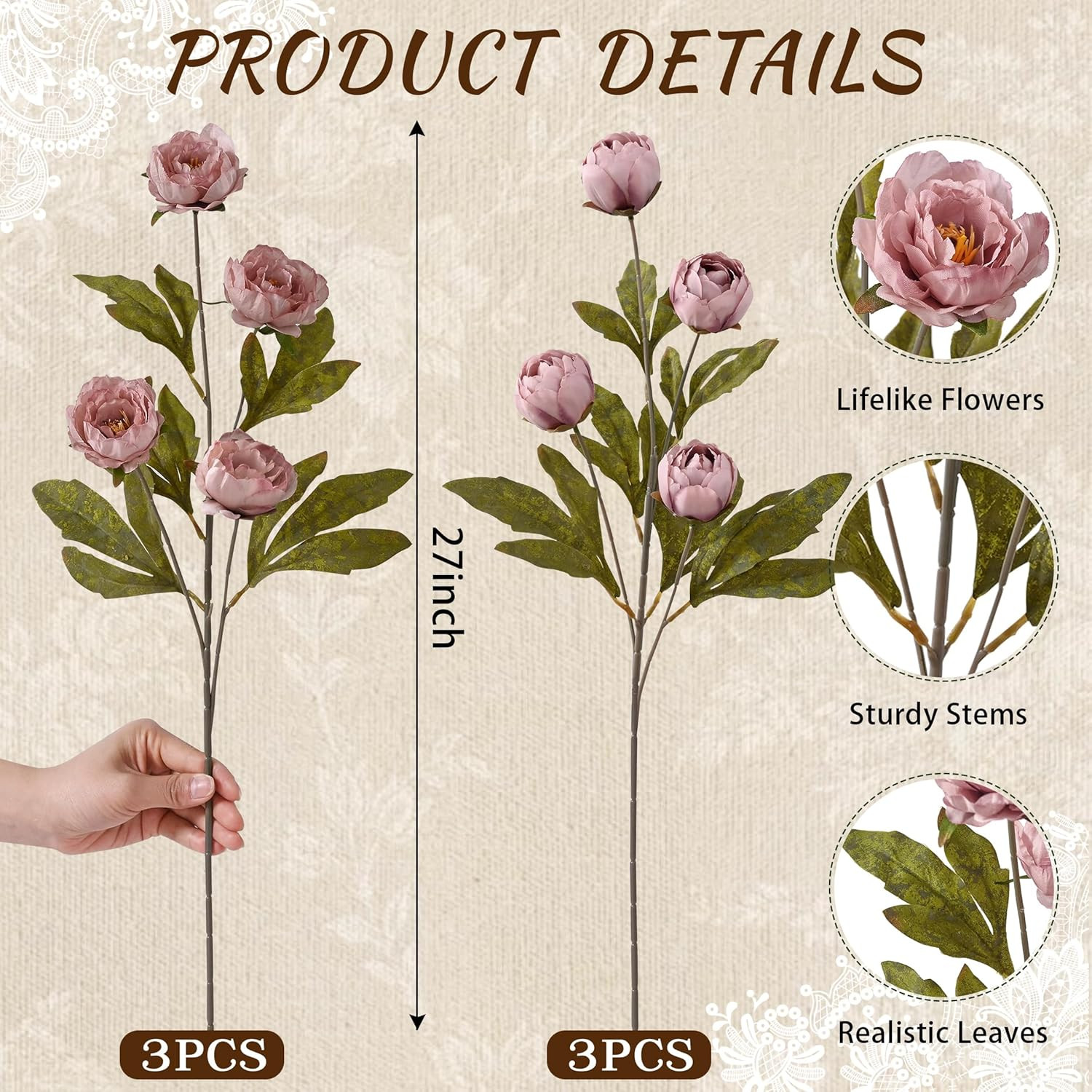 Waipfaru 6 Pcs Faux Peonies Artificial Flowers for Vase, Vintage Silk Peony Stem