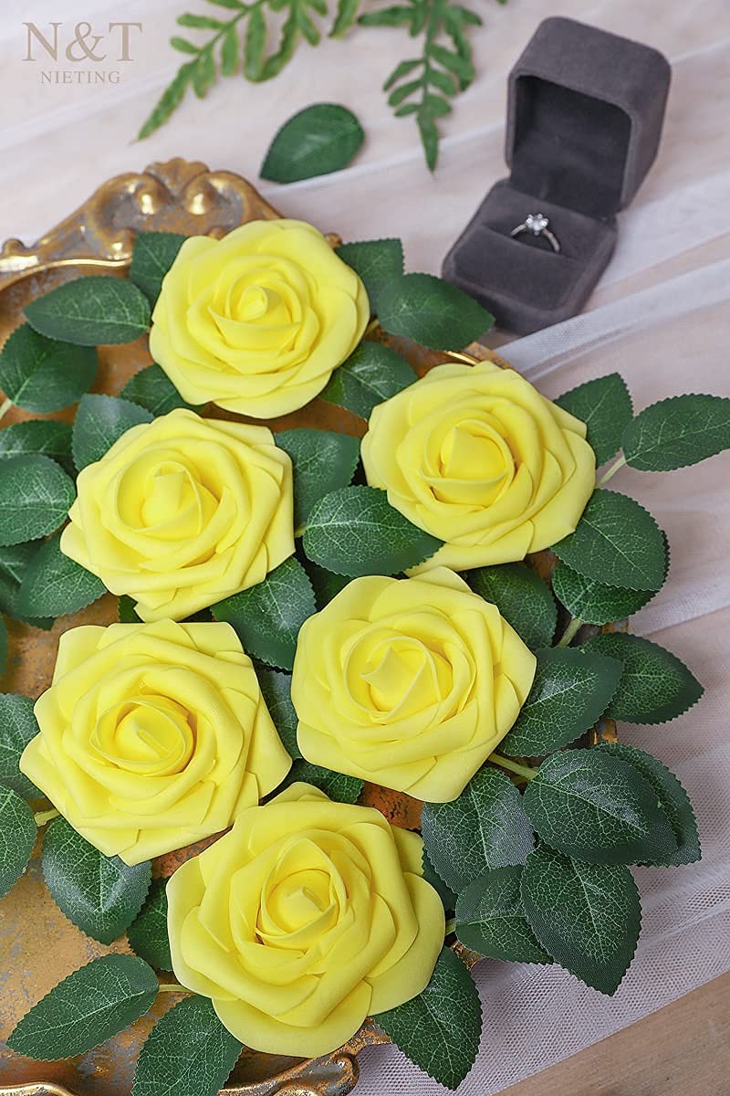 25 PCS Artificial Flowers Yellow Fake Roses for Wedding Bouquet DIY Decor