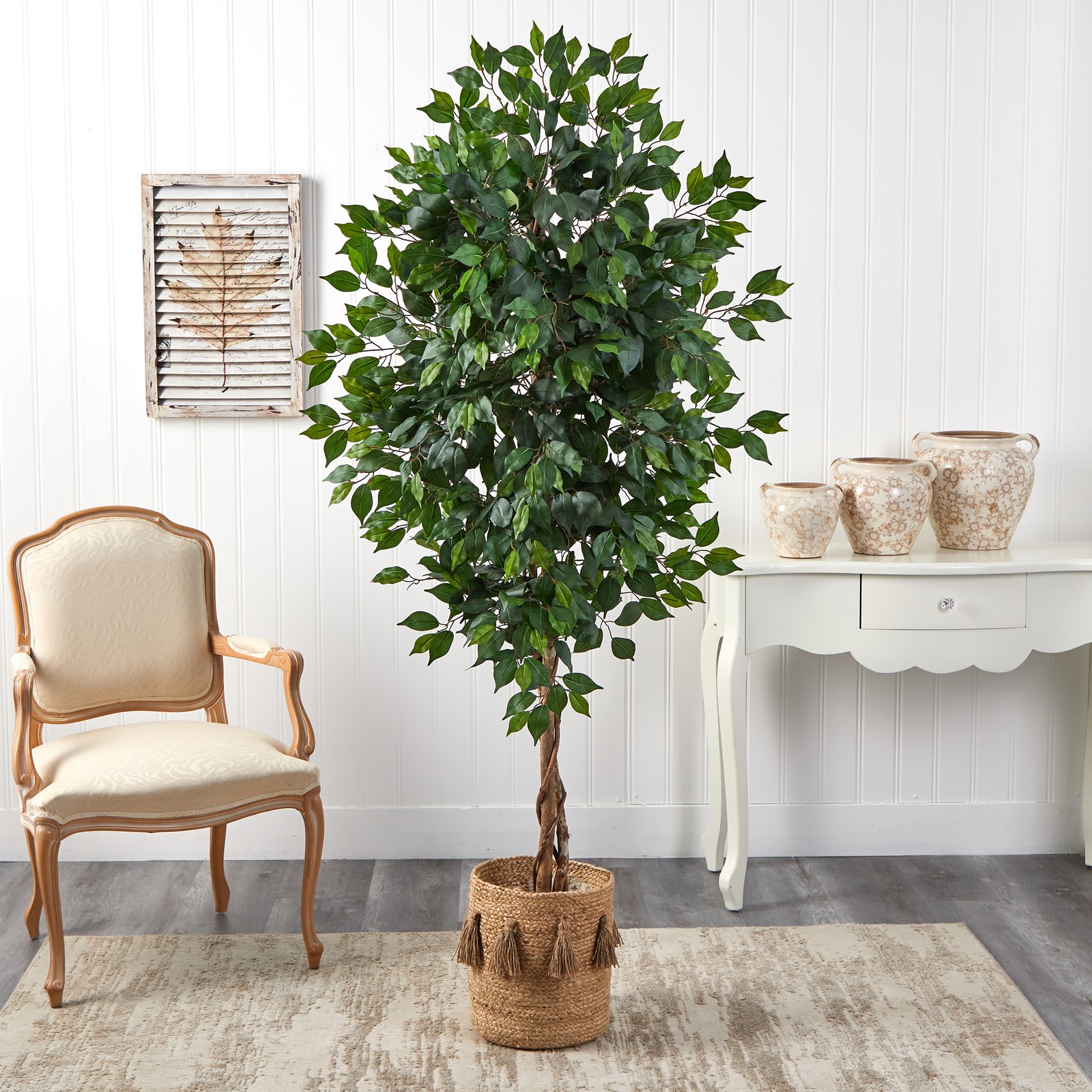 Nearly Natural 6ft Ficus Tree w/Natural Trunk in Handmade Jute Planter w/Tassels