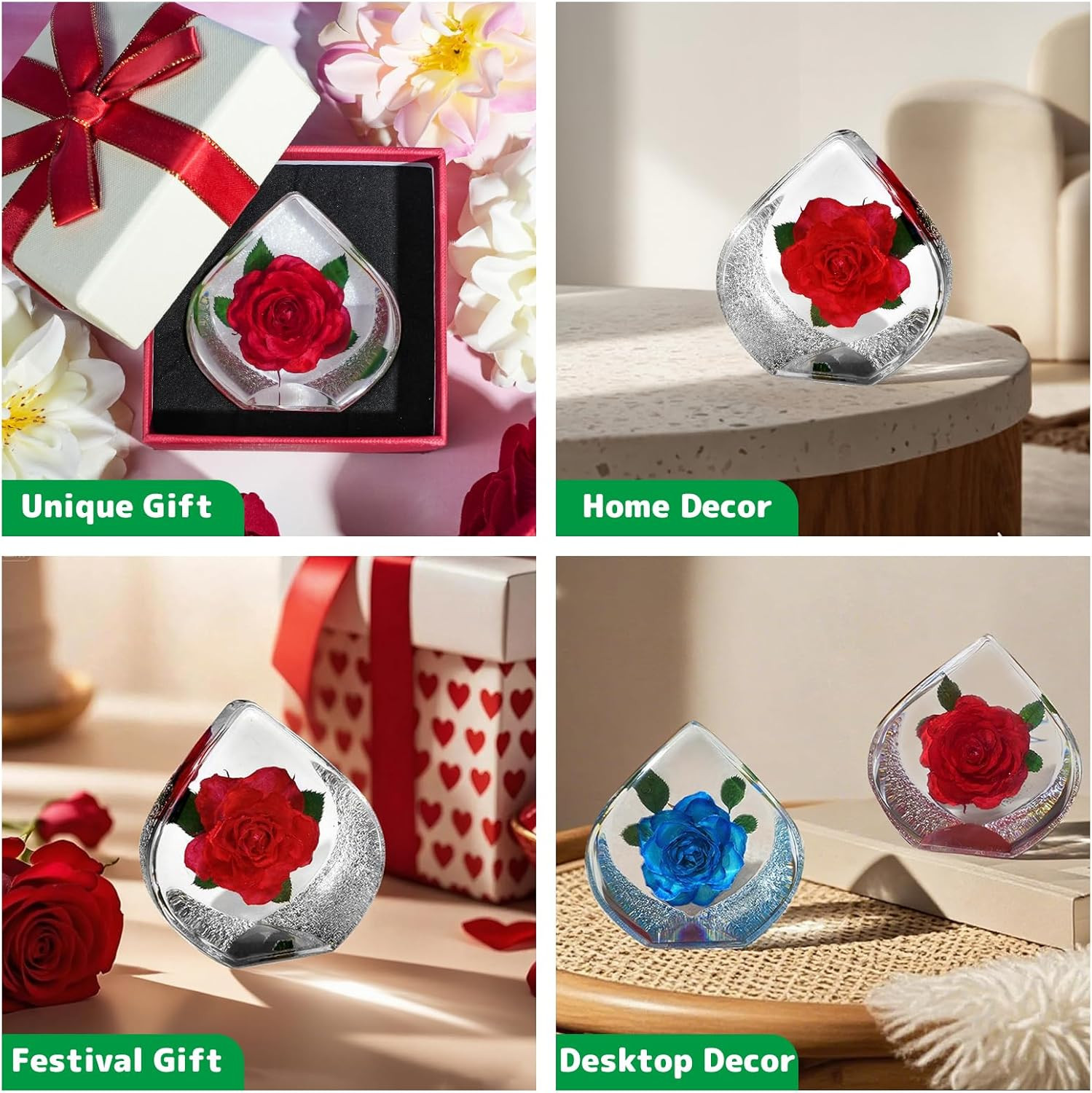Preserved Red Rose in Resin,Teardrop Shaped Real Rose Gift Set Perfect Roses Pre