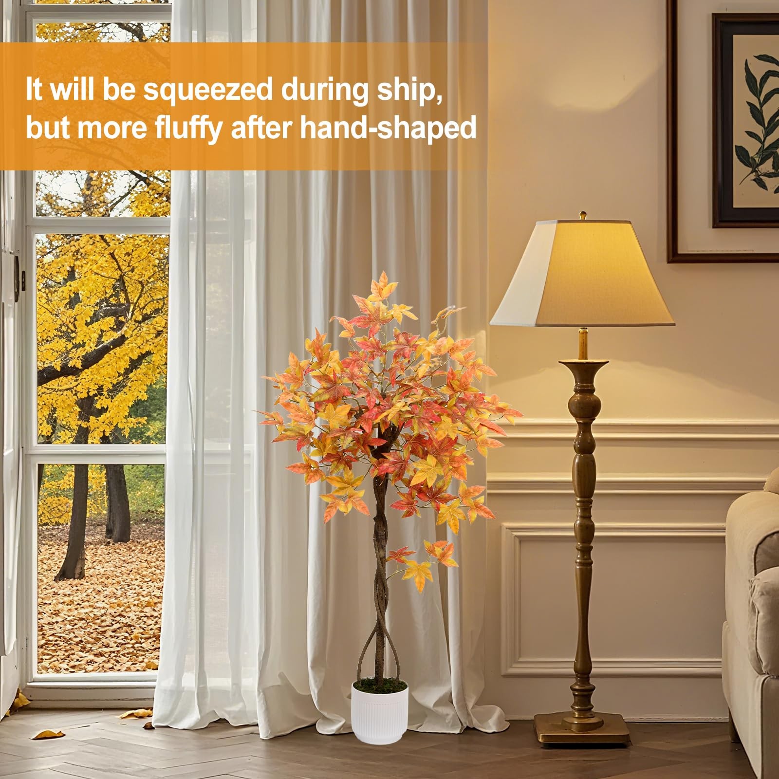 Artificial Maple Tree, 4FT Orange Potted Fake Plants Autumn Decoration Fall T…