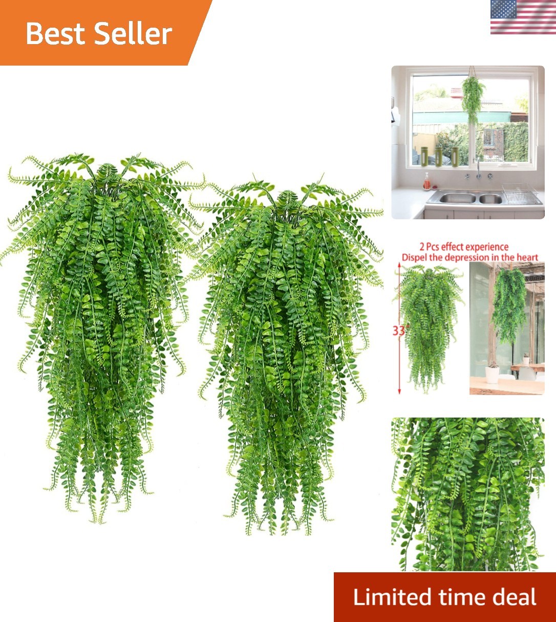 Lifelike 2 Pcs Artificial Hanging Ferns – Perfect for Indoor and Outdoor Spaces