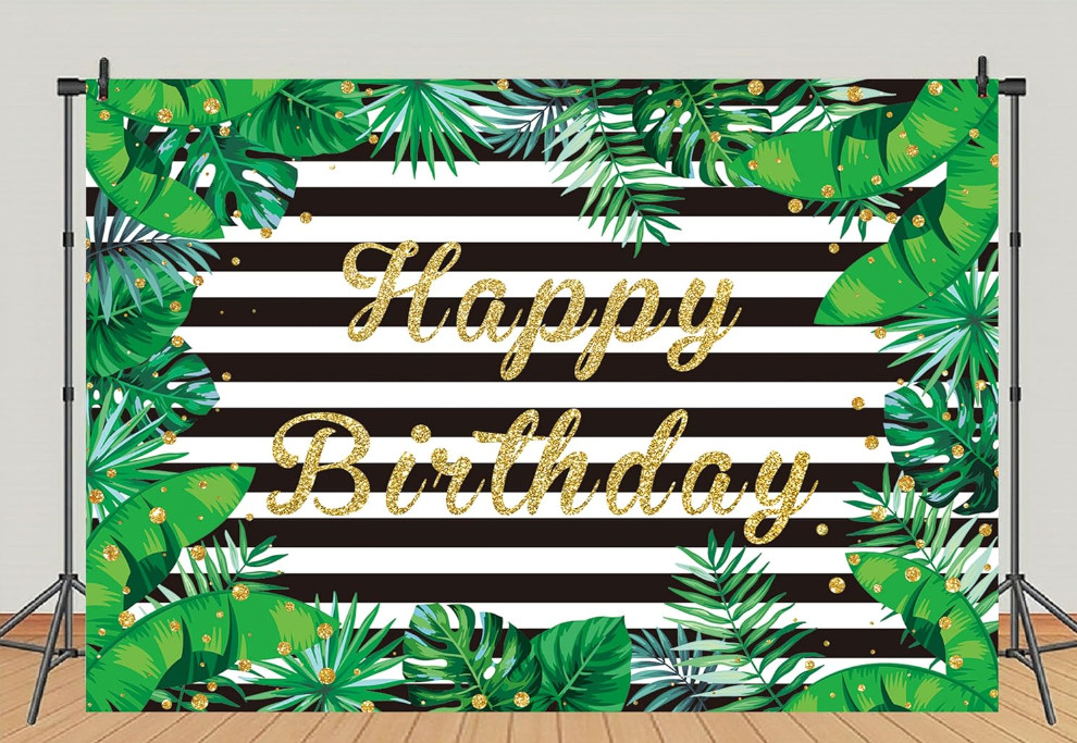 Palm Leaves Happy Birthday Backdrop 8x6FT Green Gold Tropical Party Decor Indoor
