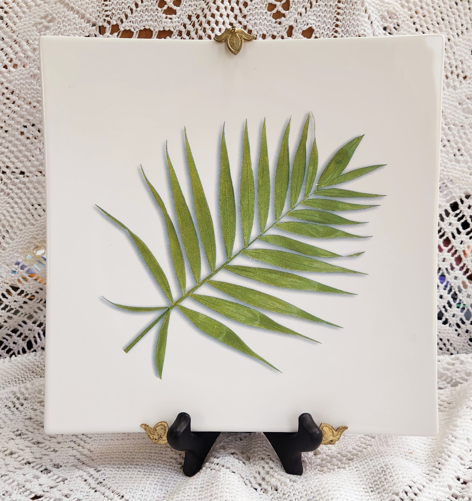 Franco Munari Palm Leaf Ceramic Tile (with Brass Wall Hanger) Made In Italy 9.5″