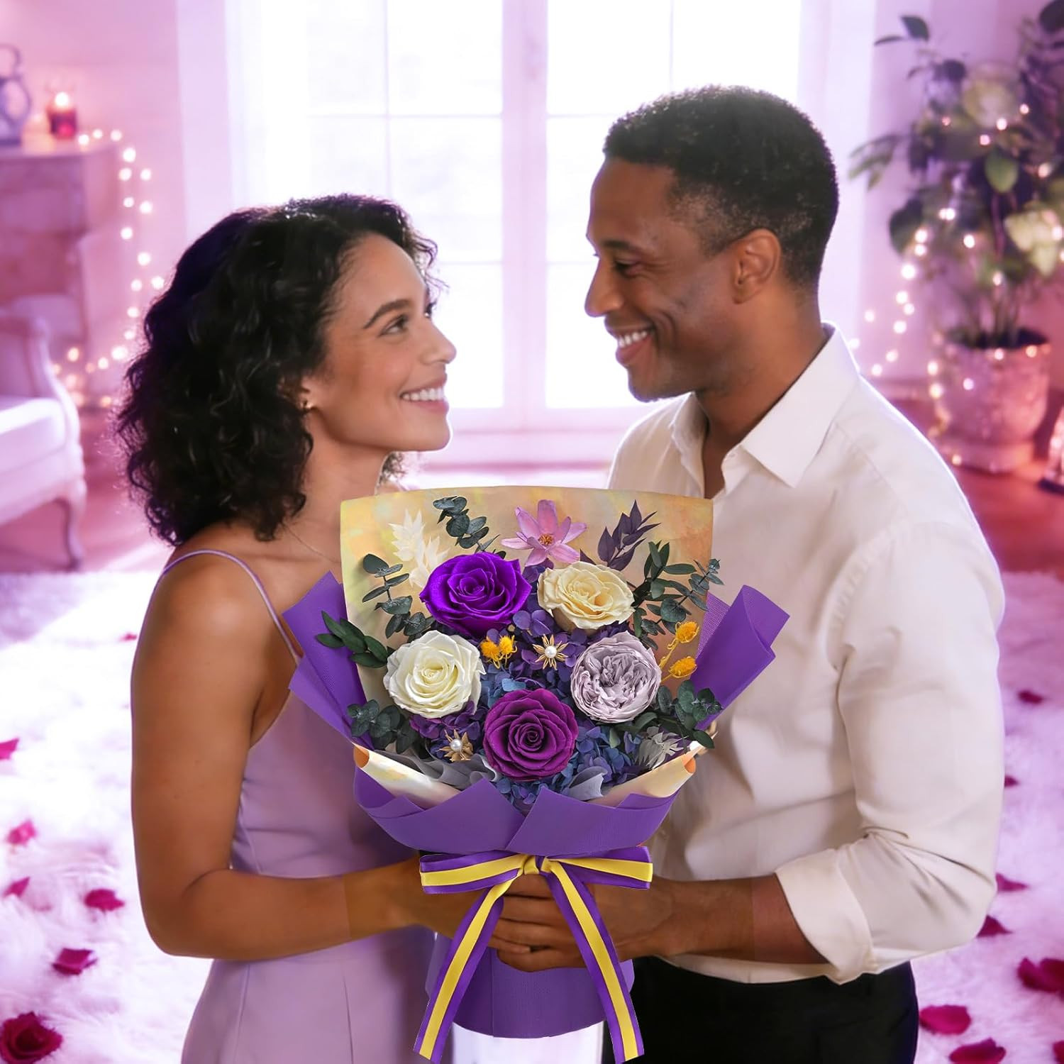 Yastouay 5 Pcs Glitter Purple Preserved Roses Flowers Bouquet, Forever Rose Flow