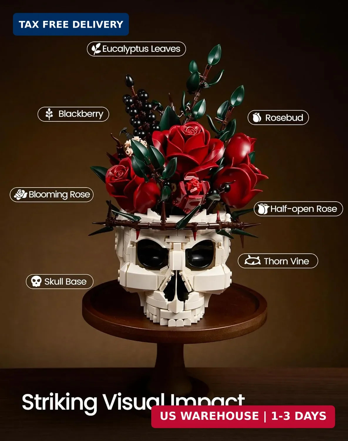 Gothic Skull Rose Flower Bouquet Building Set – Horror Skeleton Botanical Brick