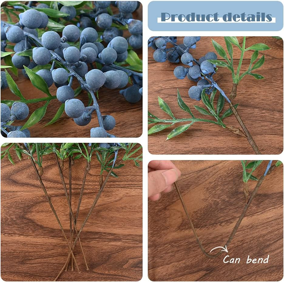 Artificial Berries, 6 Pcs Simulation Flowers Lifelike Blueberry with Stems Fake