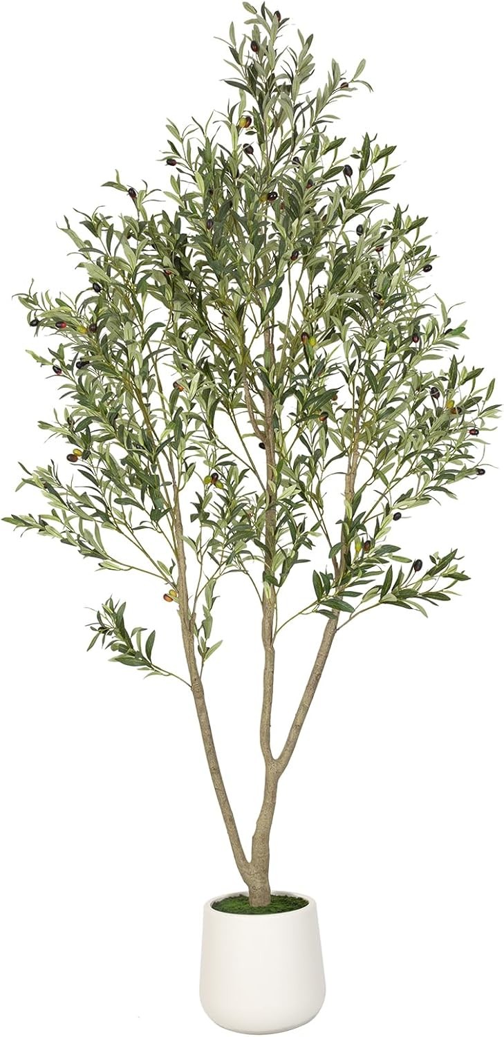 Artificial Olive Tree 7FT Tall Faux Olive Tree W/ White Planter Artificial