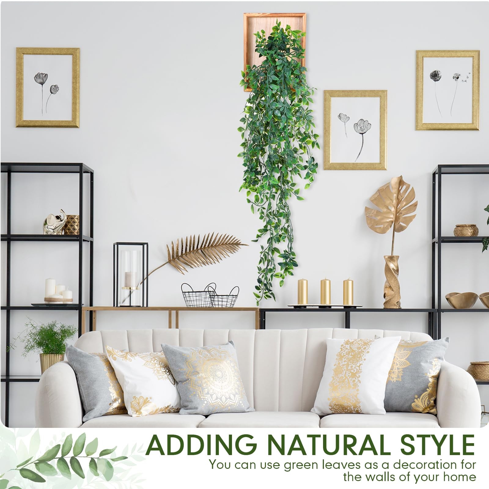 2 Pack Artificial Hanging Plants with Wooden Frames, Fake Mandala Leaves Decor
