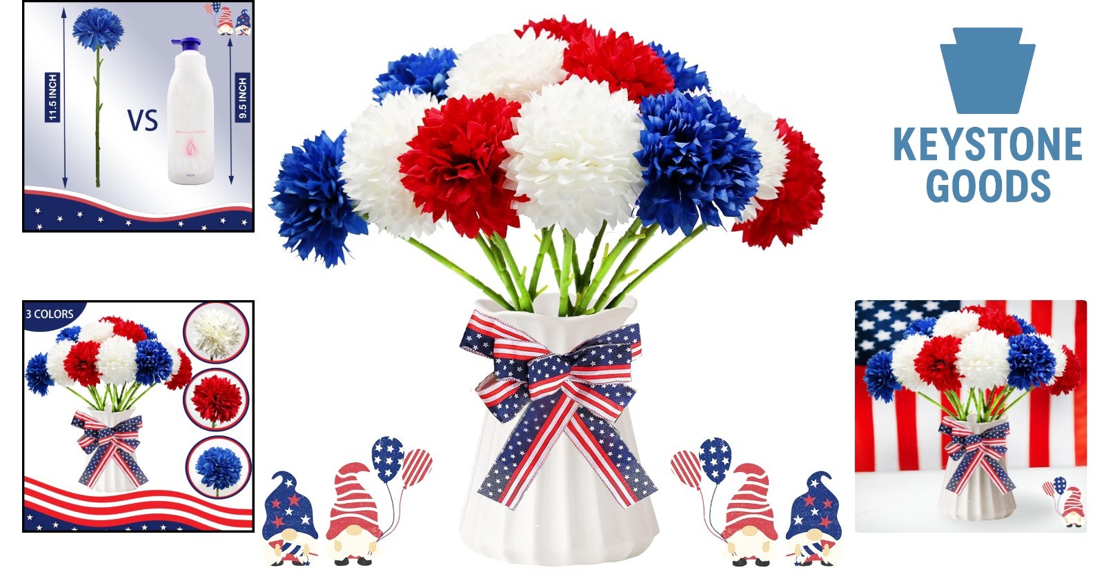 12PCS Patriotic Red, White & Blue Artificial Chrysanthemum Bouquets for 4th o…