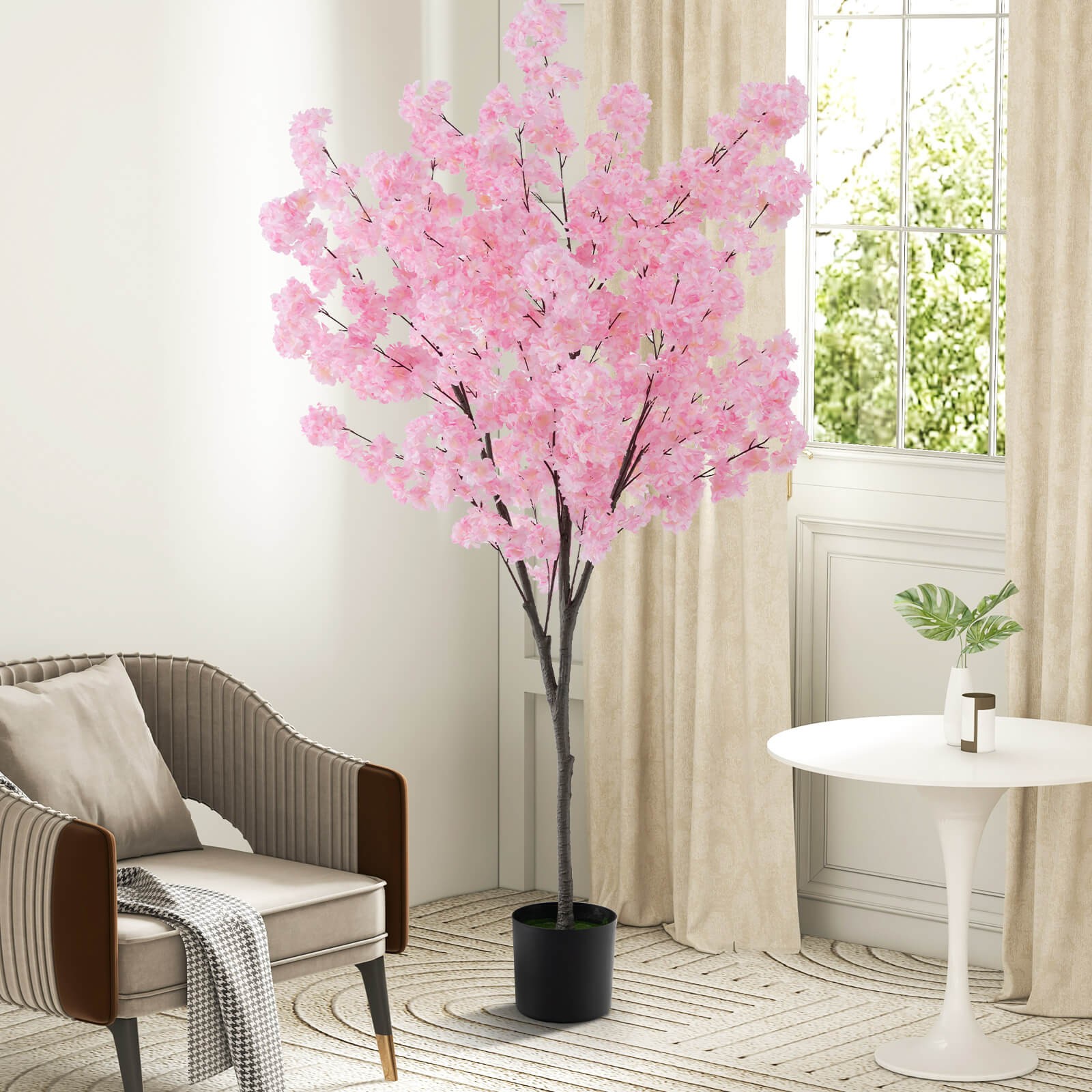 6.5 FT Tall Artificial Cherry Blossom Tree w/ 900 Pink Flowers Cement-filled