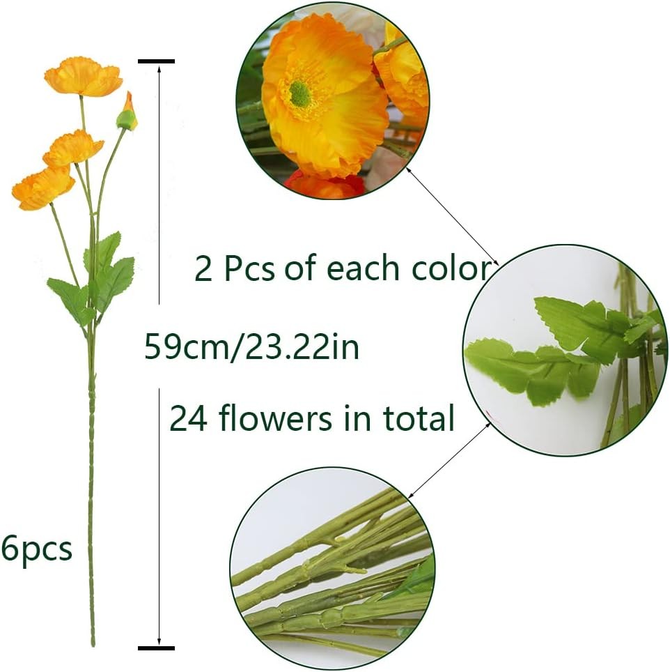 6 Pcs Artificial Poppy Flowers Silk Flower Poppy with Stems Real Touch Faux