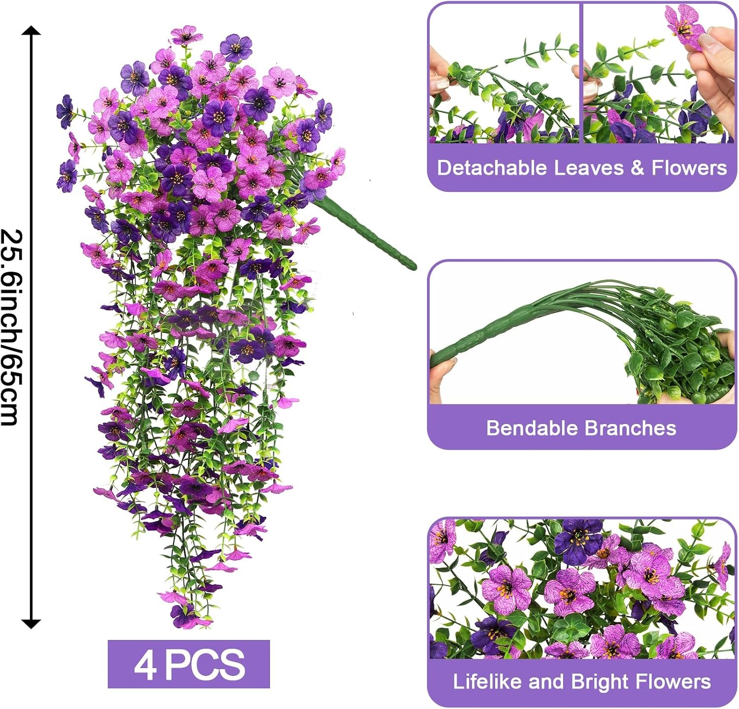 4 Pcs Artificial Hanging Flowers for Outdoors, Purple Mixed | Fake silk daisy