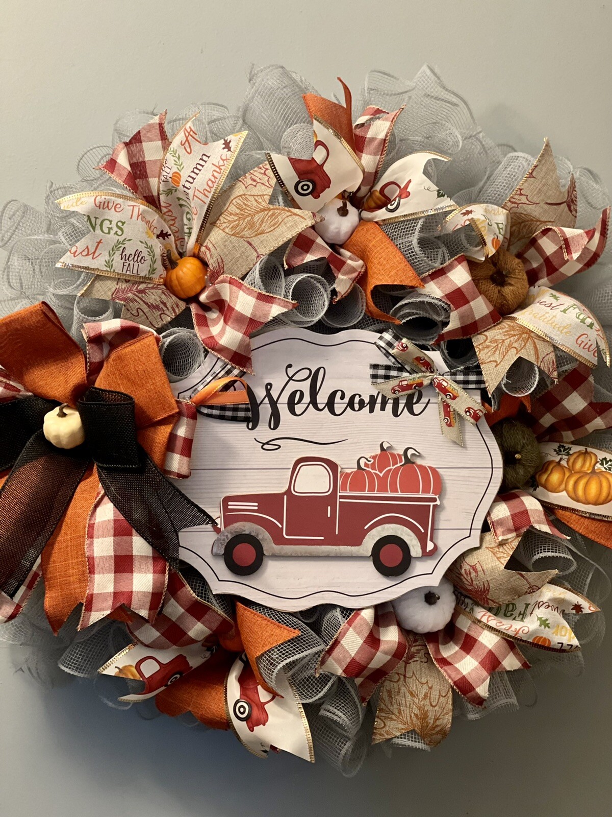Fall Autumn All Occasion Red Truck Farmhouse Handmade Deco Mesh Door Wreath