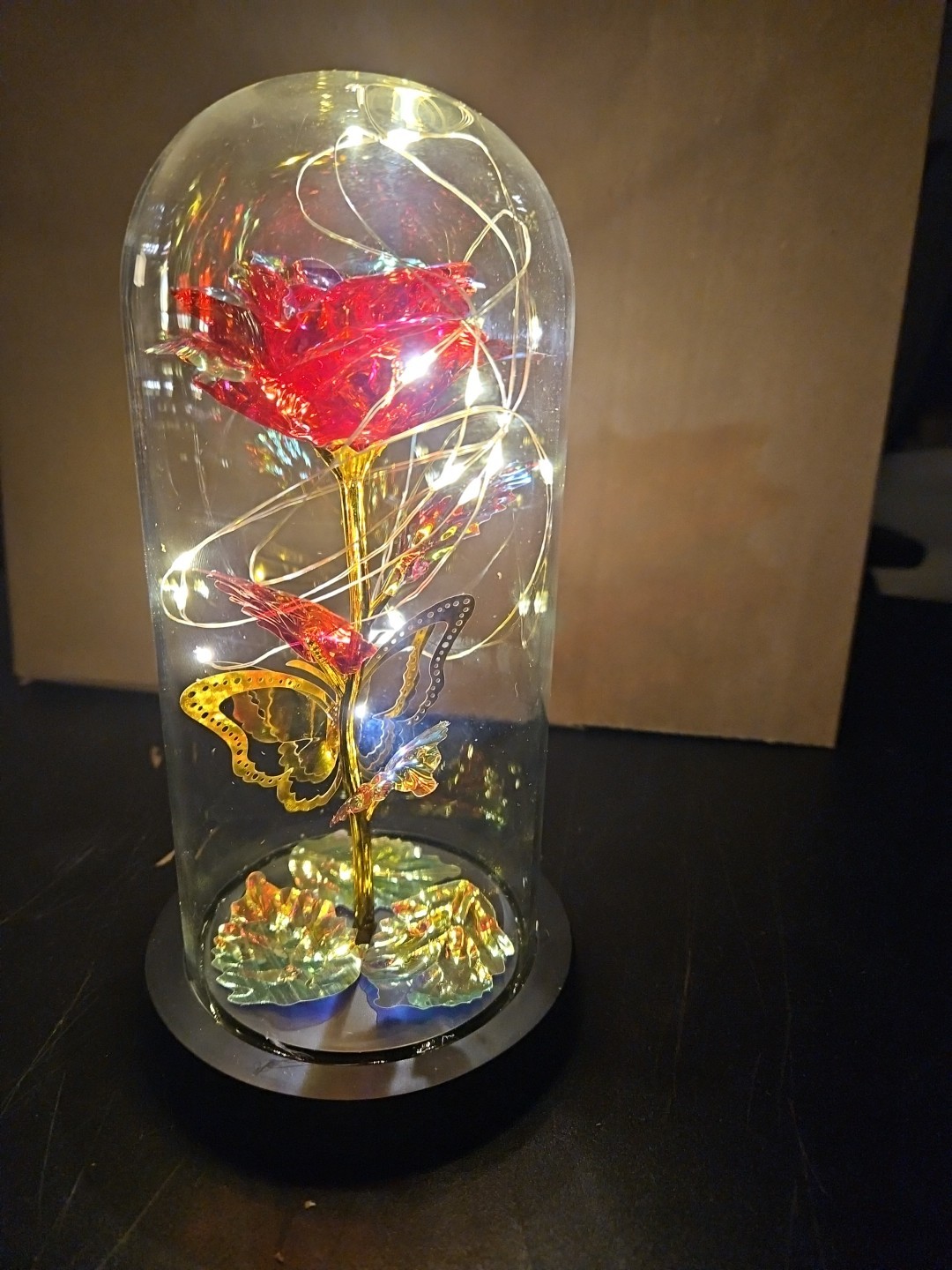 LED Red Rose, Butterfly Glass Dome. Tested Batteries