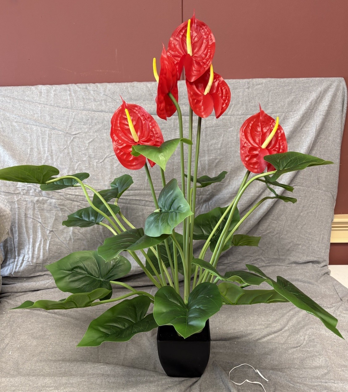 Artificial 33 In. Anthurium Lily Plant Red In Black Vase New Wedding Decoration