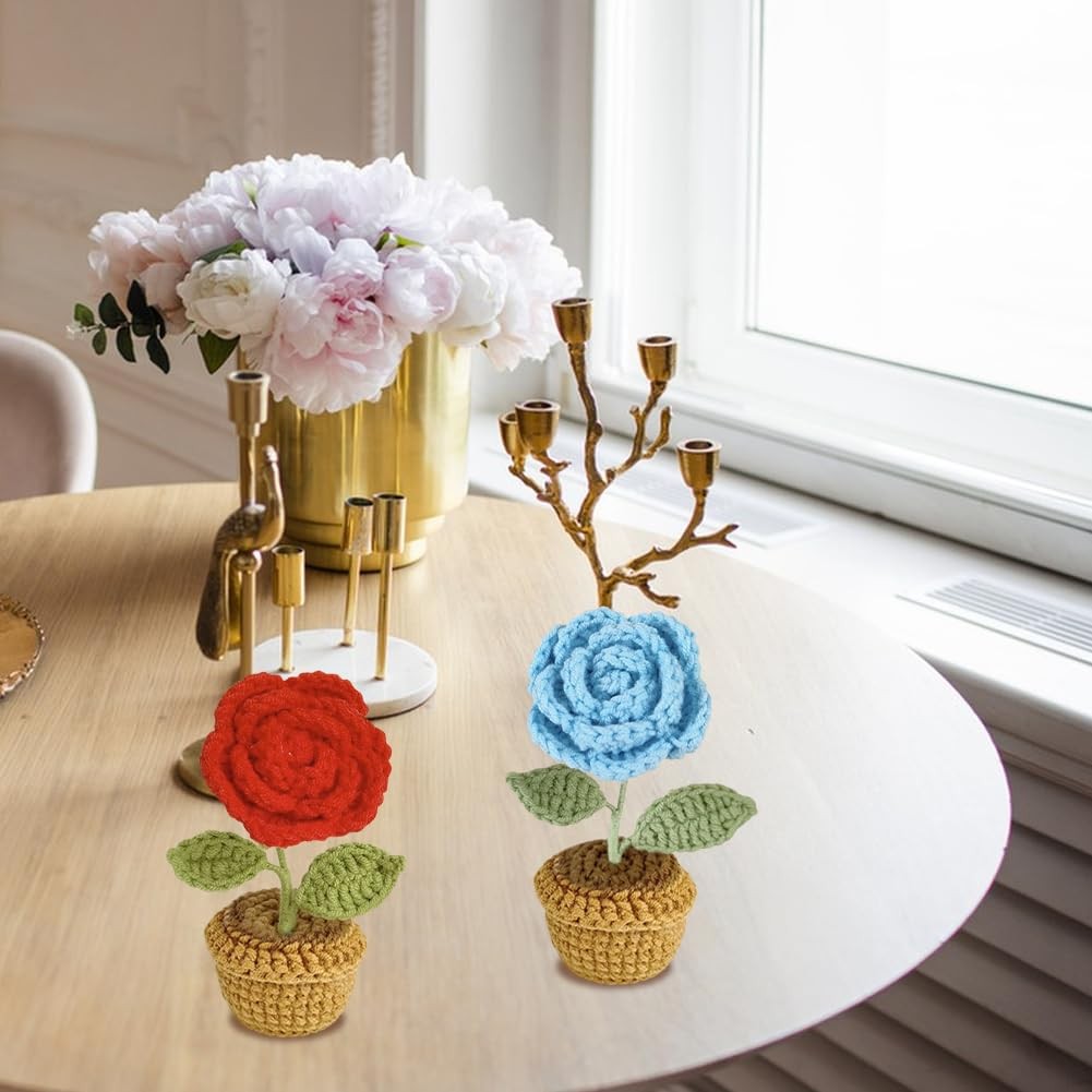 4 PCS Crochet Flowers Potted Plants Hand Knitted Artificial Yarn Color#C