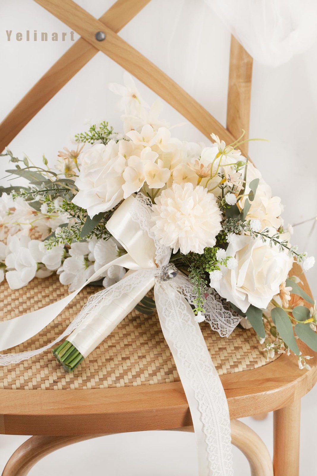 Cascading 11″ White Rose Bridal Bouquet for Rustic Boho Weddings & Events