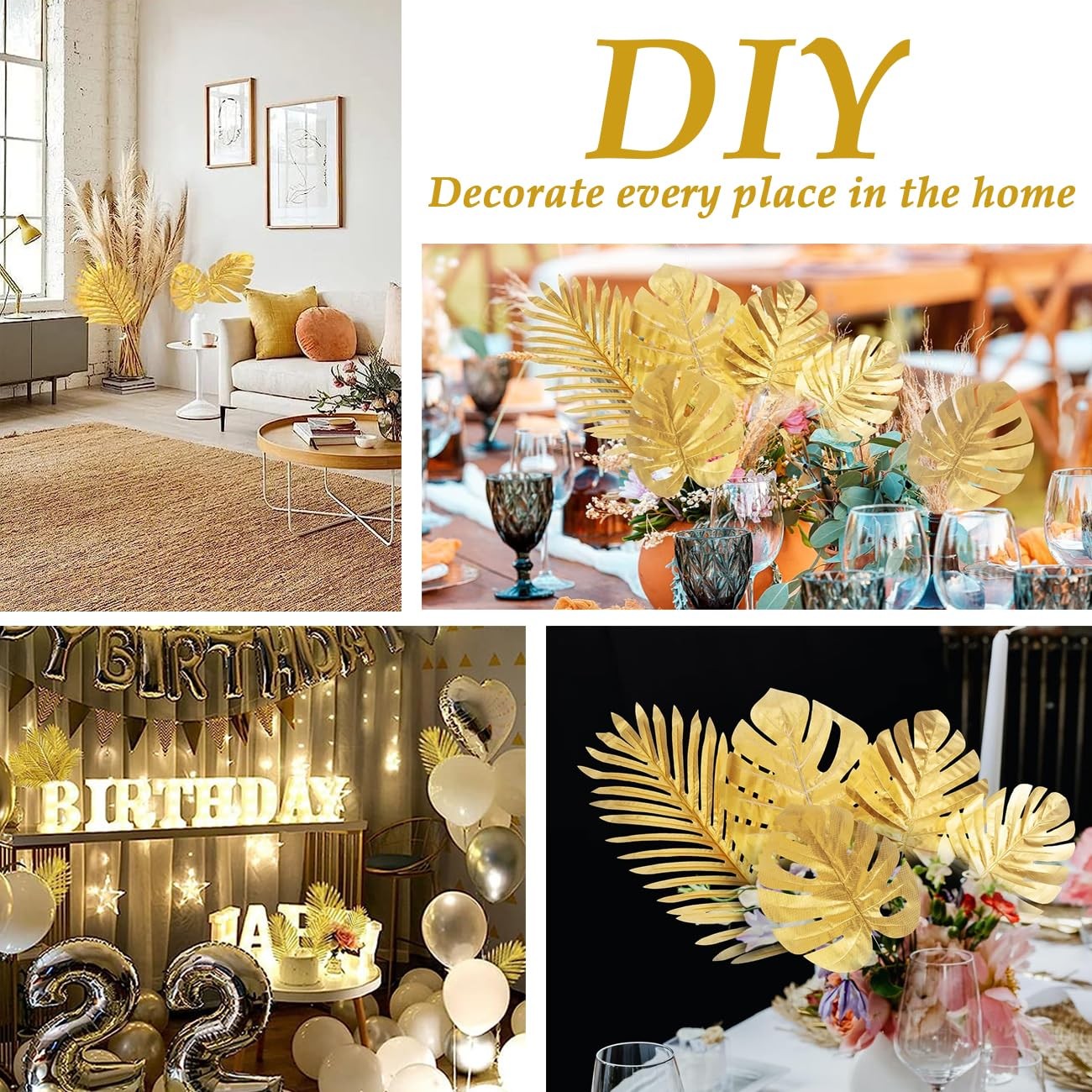 10 Pcs Artificial Gold Palm Leaves Tropical Party Leaves Table Wall Decoration