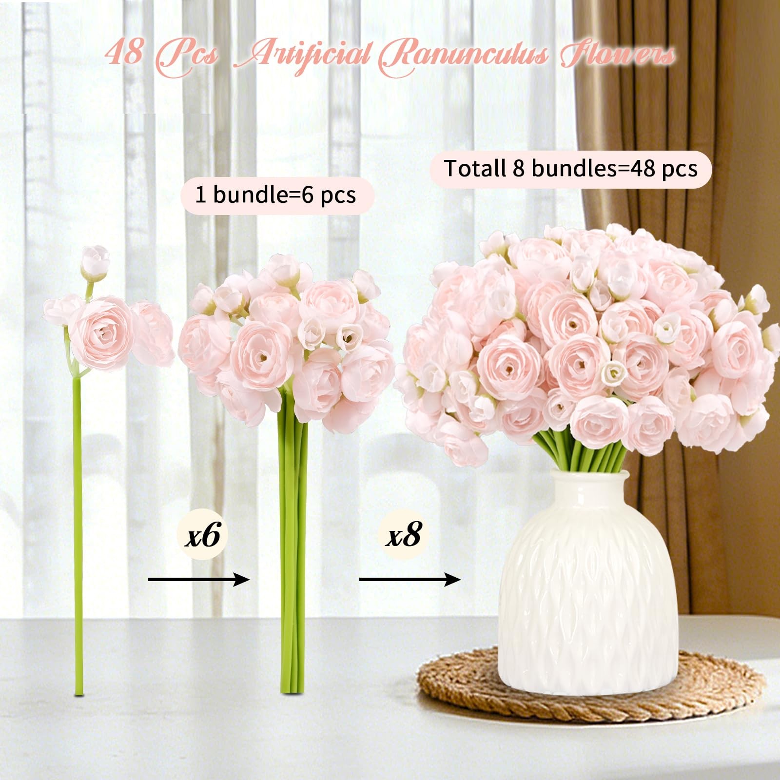 48 PCS Shabby Blush Faux Silk Mini Ranunculus Artificial Wedding Flower Bulk