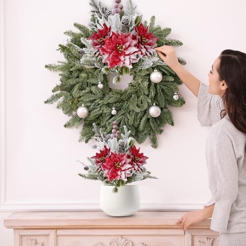 Artificial Christmas Flowers Bouquet 12″ Frosted Poinsettias Flowers 1PC Red