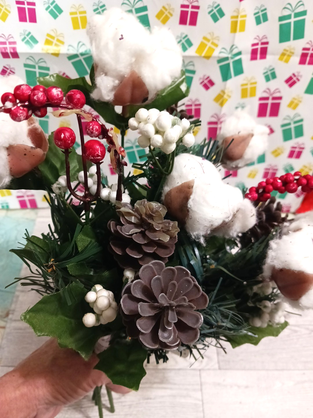Flowers autumn fall winter cotton pine cone holly berry bouquet lot of 6