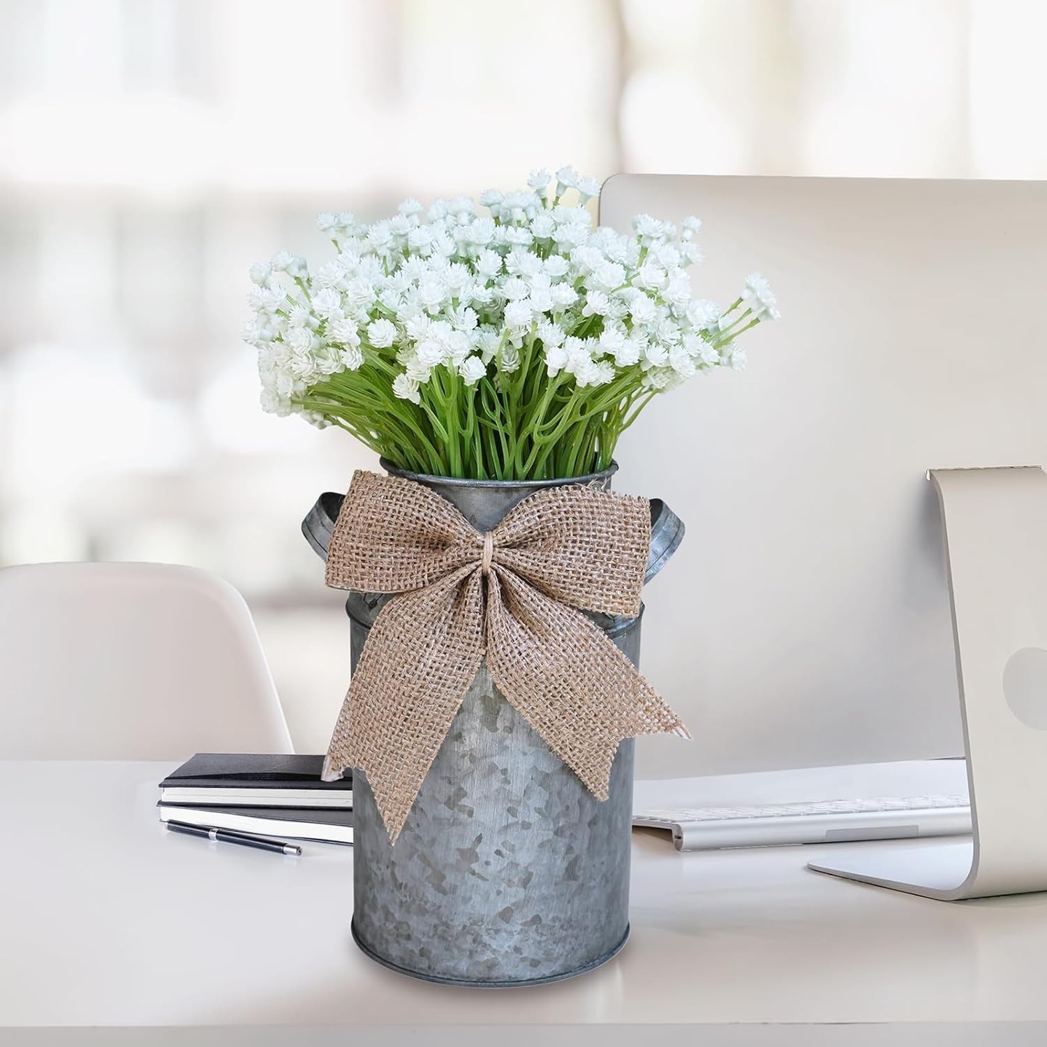 Winlyn Artificial Baby’s Breath Centerpiece with Rustic Galvanized Metal Can 11″