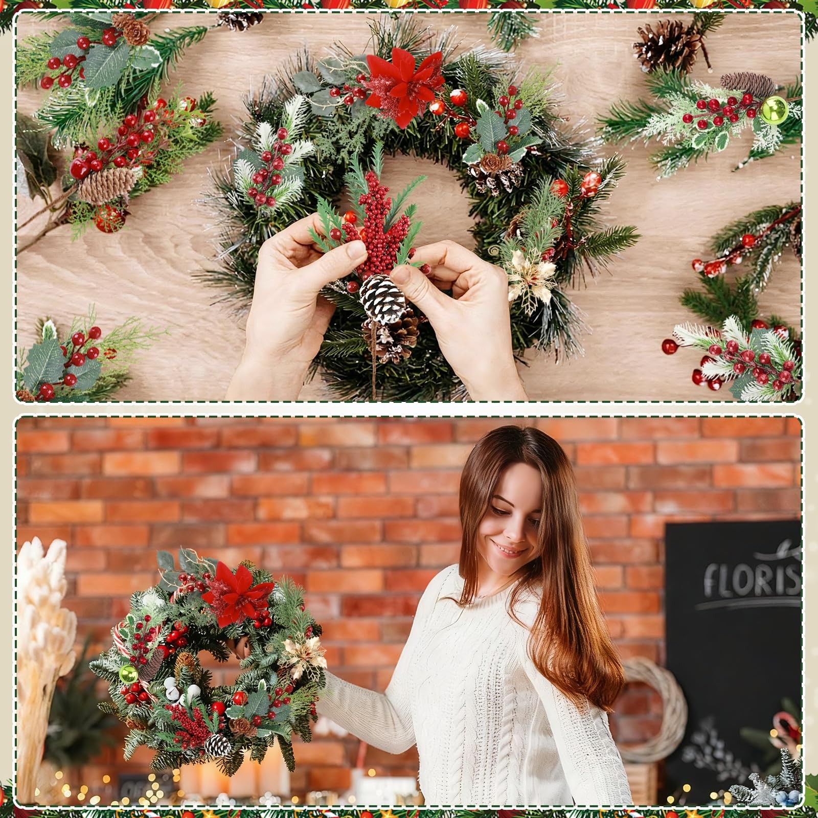 Artificial Christmas Picks 8 Pack Red Berries Stems Evergreen Faux Pine Branc…